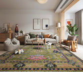 8' x10'  Green Rust Navy Color Hand Knotted All-Over 100% Wool Traditional Oriental Rug